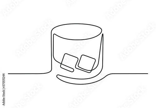 Continuous one line drawing of whiskey in glass with ice cubes. Bar and restaurant concept minimalist design for logo isolated on white background. Vector illustration