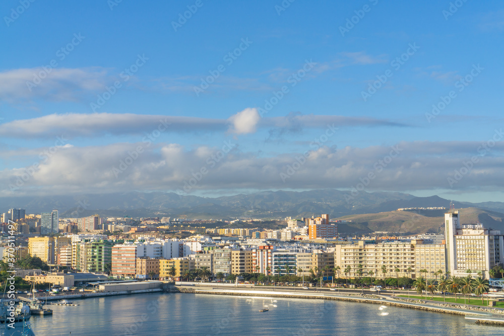 Morning in the harbor at the cruise terminal with a view of the city of Gran Canaria, Spain, December 22, 2019