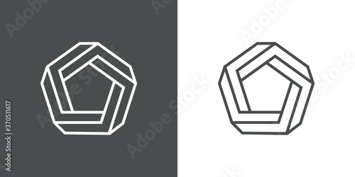 Icono lineal pentágono tridimensional en perspectiva imposible en fondo gris y fondo blanco