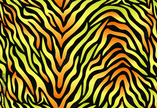 Seamless tiger print  pattern. Tiger stripes, abstract backdrop with irregular shapes. Exotic animalistic texture for textile, fabric, apparel, print, wallpaper, wrapping. Vector illustration