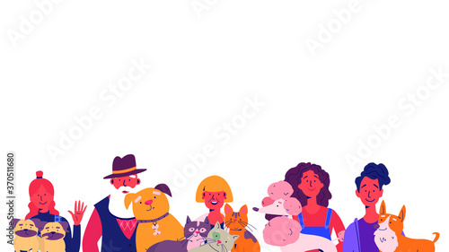 Men and women spending time with their domestic animals. People are standing with different home pets. Flat vector illustration.
