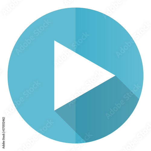 Play vector icon, flat design blue round web button isolated on white background