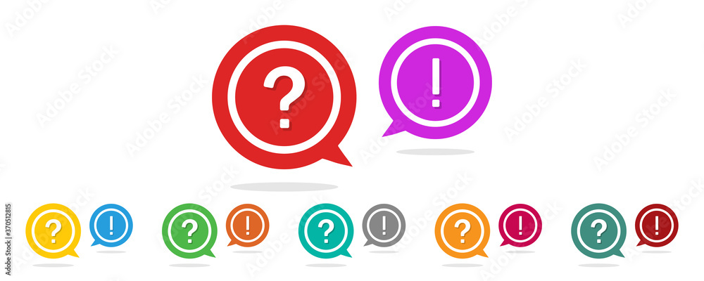 Question and exclamation mark. Icon of faq, help and support. Ask and answer symbol in circle. Sign for problem, speech, chat and debate. Background for talk and information. Advice in bubble. Vector