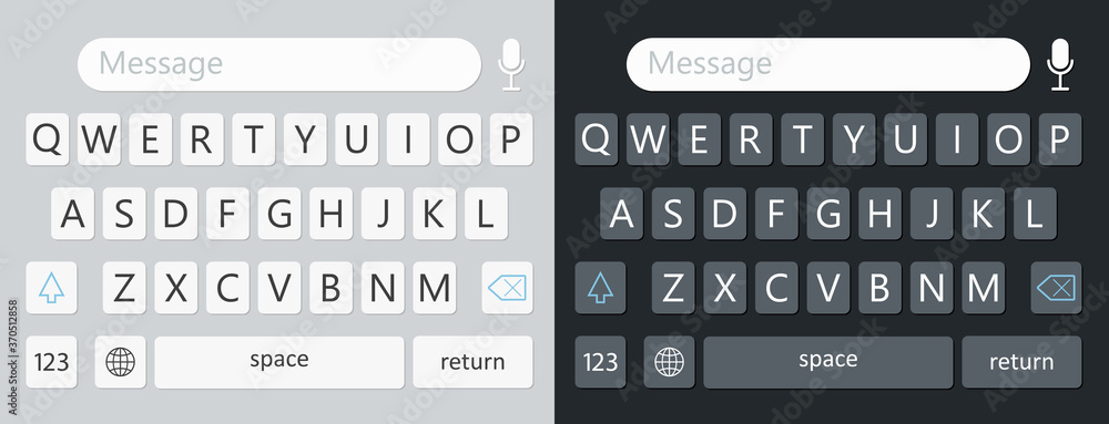 Keyboard for smartphone. Alphabet on keypad for mobile. UI with qwerty on screen. Interface pad in phone with buttons for text, message, chat, sms. Icon and template with wireframe for app. Vector Keyboard for smartphone. Alphabet on keypad for mobile. UI with qwerty on screen. Interface pad in phone with buttons for text, message, chat, sms. Icon and template with wireframe for app. Vector