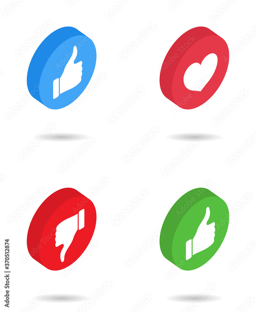 Like isometric icon. Button with heart, thumb, dislike. 3d logo for social media with love, awesome, up, positive emoticon. Symbol of hand ok, good emoji. Signs for notification, rate, vote. Vector. Like isometric icon. Button with heart, thumb, dislike. 3d logo for social media with love, awesome, up, positive emoticon. Symbol of hand ok, good emoji. Signs for notification, rate, vote. Vector.