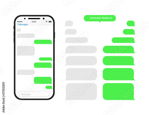 Chat through bubble in phone. Chatbot in messenger. Message in whats. Sms and conversation in app on mobile screen. Interface with speech balloons, social talk. Smartphone with ui for dialog. Vector photo