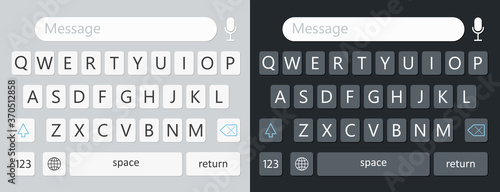 Keyboard for smartphone. Alphabet on keypad for mobile. UI with qwerty on screen. Interface pad in phone with buttons for text, message, chat, sms. Icon and template with wireframe for app. Vector