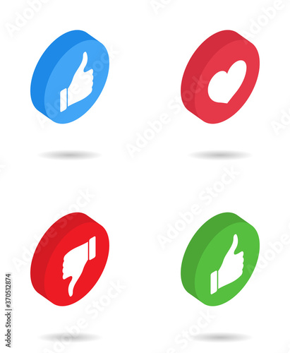 Like isometric icon. Button with heart, thumb, dislike. 3d logo for social media with love, awesome, up, positive emoticon. Symbol of hand ok, good emoji. Signs for notification, rate, vote. Vector.