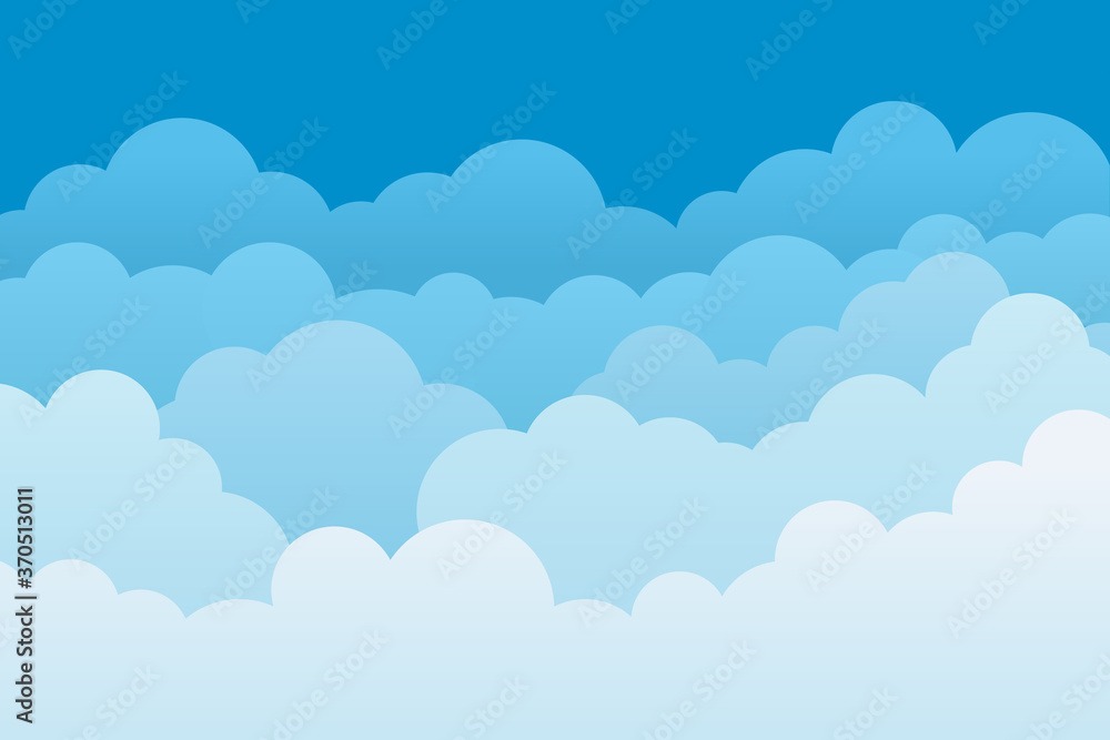 Cloud background. Sky cartoon pattern. Abstract blue heaven with layers for wallpaper. White clouds with borders. Gradient banner of nature, weather, cloudscape. Light template for backdrop. Vector.