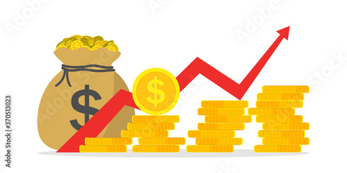 Money profit growth. Chart of revenue, margin. Graph of budget up. Investment finance - return of cash. Growth market and economy. Earn on business in inflation. Icon of increase gain benefit. Vector