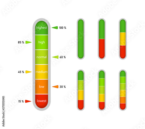 Meter bar on gauge. Level of progress on scale with indicator. High - green and low - red vertical level of measure. Percentage performance, power on graphic color ruler. Comparison of speed. Vector