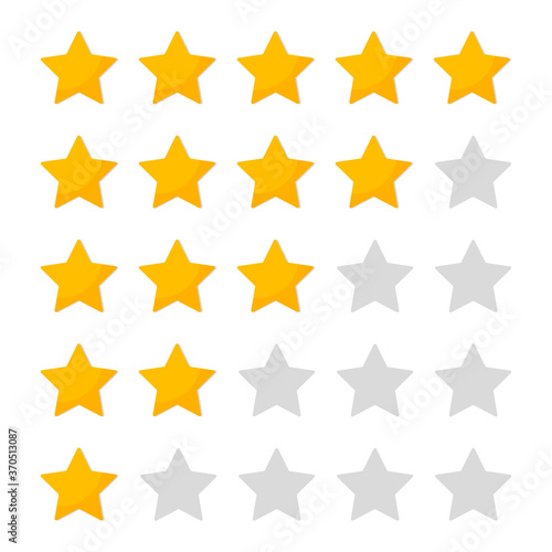 5 star of rating. Customer review. Icon of evaluate and vote. Feedback with customers. Five yellow gold stars for ranking in row. Rank of quality, product and hotel. Background for app and ui. Vector