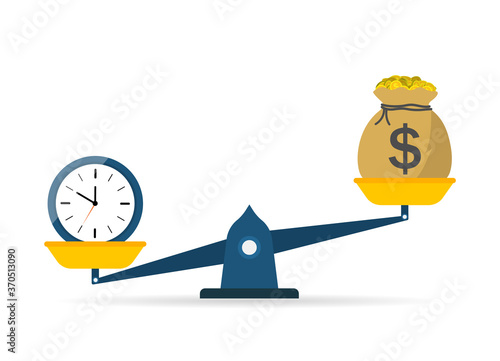 Scale of balance between time and money. Icon of weight and comparison. Seesaw from cost to clock. Equity value of work. Investment finance - income profit. Symbol of measure of success life. Vector