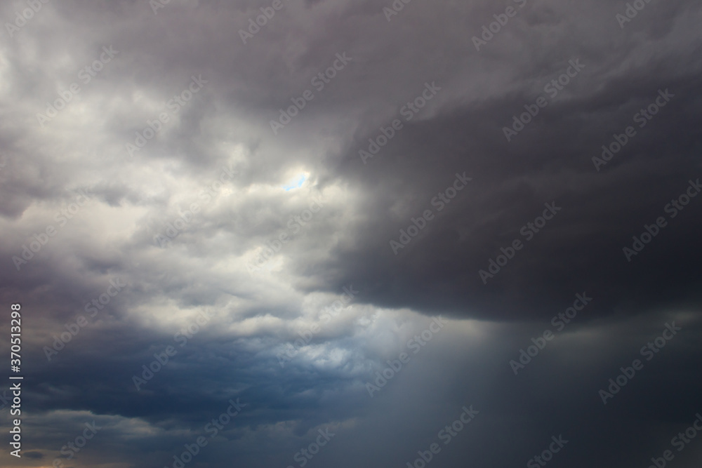 Dark storm clouds in sky before thunderstorm and rain. Dramatic sky background