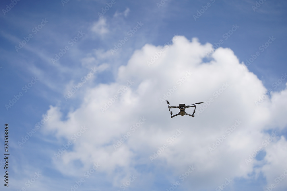 Budapest - Hungary - 03/07/2020. DJI Mavic 2 pro drone, camera captures aerial landscapes on a background of blue sky with white clouds. The Mavic 2 Pro Drone is floating, flying in the sky. Budapest - Hungary - 03/07/2020. DJI Mavic 2 pro drone, camera captures aerial landscapes on a background of blue sky with white clouds. The Mavic 2 Pro Drone is floating, flying in the sky.