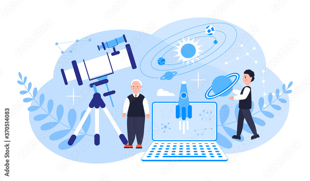 Obraz premium Astronomer or astrologer concept vector. Online conference, remote or distance education for web, app, banner. Scientists explore the starry sky in Observatory.