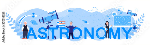 Astronomer or astrologer concept vector. Online conference, remote or distance education for web, app, banner. Scientists explore the starry sky in Observatory.