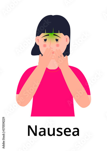 Nausea or vomiting of girl icon set. Poisoning, poor digestion, stomach ulcer are shown. Woman vomits and suffers. Infected person