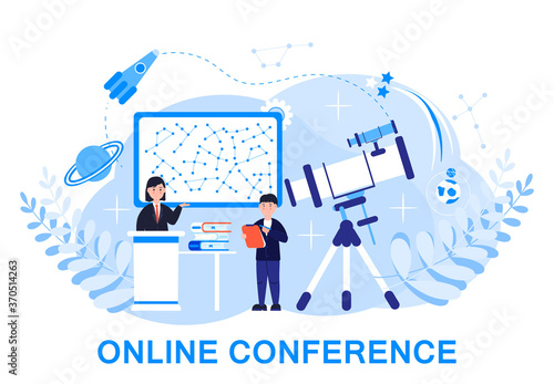 Astronomer or astrologer concept vector. Online conference, remote or distance education for web, app, banner. Scientists explore the starry sky in Observatory.