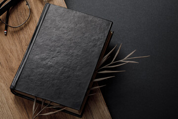 Vintage book cover mockup template with dry leaves