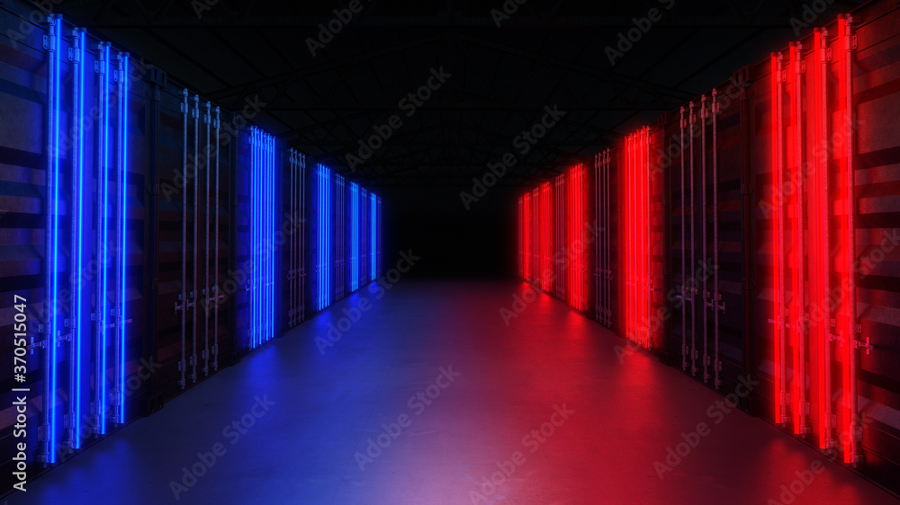 Neon light on container box background, 3D render Neon light on container box background, 3D render