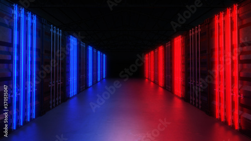 Neon light on container box background   3D render
