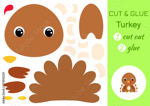 Cut and glue baby turkey. Education developing worksheet. Color paper game for preschool children. Cut parts of image and glue on paper. Cartoon character. Colorful vector stock illustration.