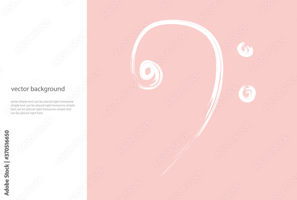 Bass clef  hand drawn musical symbol on a pink background. Vector template design with text and F clef
