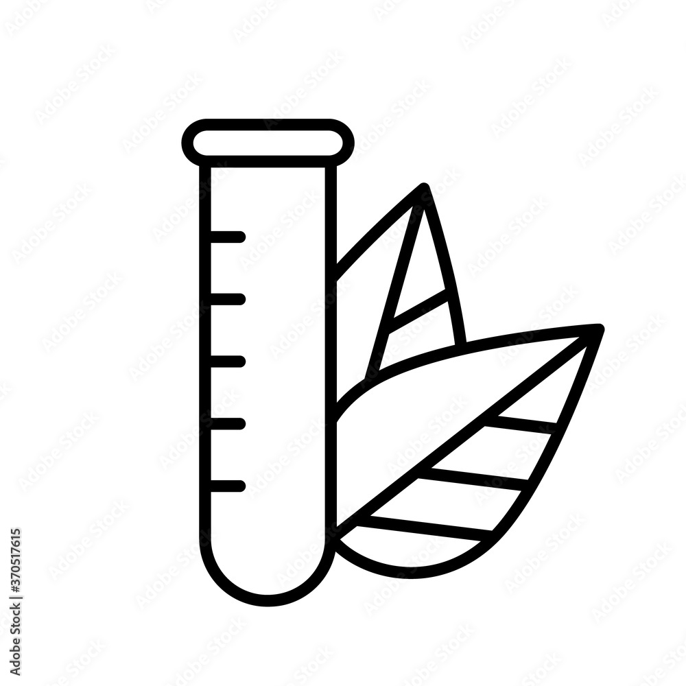 Laboratory glass with leaves in background. Line art logo of chemical research. Black illustration of medical analysis, ecology, agriculture. Contour isolated vector. Organic tube icon Laboratory glass with leaves in background. Line art logo of chemical research. Black illustration of medical analysis, ecology, agriculture. Contour isolated vector. Organic tube icon