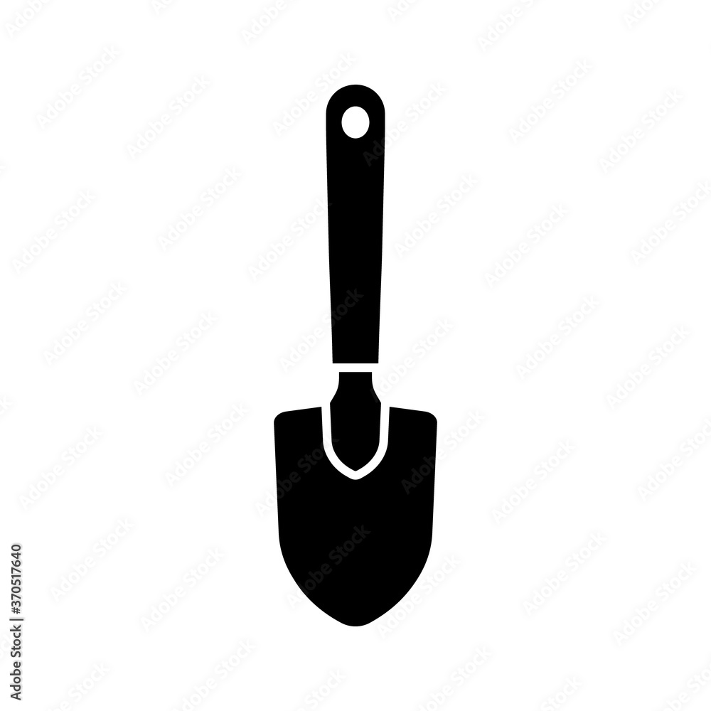 Cutout silhouette of Mini bayonet shovel with short handle icon. Outline logo of hand gardening tool. Black simple illustration of excavation, work with soil. Flat isolated vector on white background