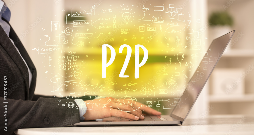 hand working on new modern computer with P2P abbreviation, modern technology concept hand working on new modern computer with P2P abbreviation, modern technology concept