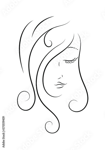 Beautiful abstract young woman face with closed eyes. Black isolated tattoo vector illustration on white background