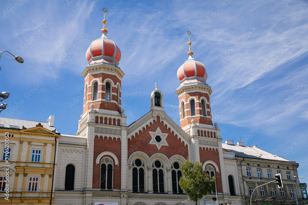 The Great Synagogue in Plzen, the second largest synagogue in Europe. Front side facade of the Jewish religious building with onion domes, Pilsen, Western Bohemia, Czech Republic