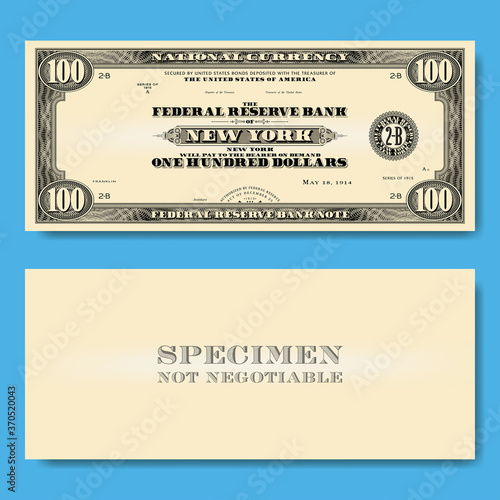 Paper money. 1915 US 100 dollars Test single sided banknote sealed by the Reserve Bank of New York, without portrait of Franklin EPS10