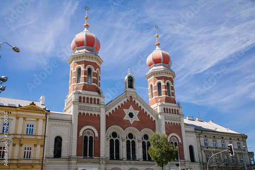 The Great Synagogue in Plzen, the second largest synagogue in Europe. Front side facade of the Jewish religious building with onion domes, Pilsen, Western Bohemia, Czech Republic