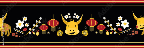 Chinese new year of the ox vector border. Banner with cute gold kawaii bull, lanterns, paper cut peonies, pomelo and jujubu fruit, pussy willow branches, narcissus flowers on black backdrop.