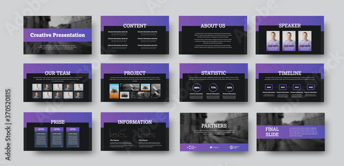 Vector infographic template with purple elements on black background, creative presentation ui design for statistics, annual report.