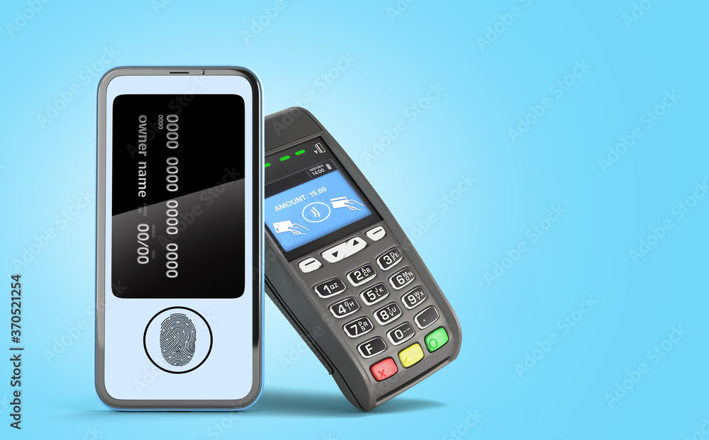 contactless payment by bobile phone banking through the terminal 3d render on blue gradient contactless payment by bobile phone banking through the terminal 3d render on blue gradient