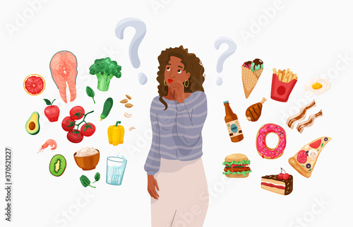 Happy young black african american woman thinking about choosing menu. Choice between healthy and unhealthy food concept vector background. Difficult choosing. Flat illustration in cartoon style