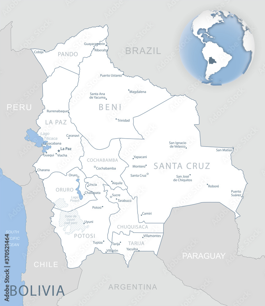 Blue-gray detailed map of Bolivia administrative divisions and location on the globe. Vector illustration