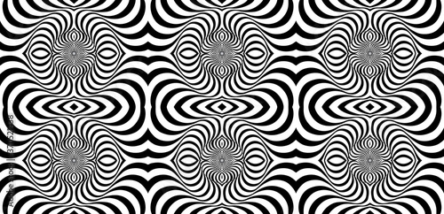 Movement illusion background. Distorted wave monochrome texture. Abstract dynamical rippled surface. Vector stripe deformation background. Black and white illustration. Abstract striped lines distorti