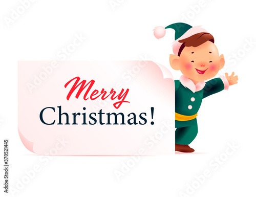 Happy Christmas santa elf boy in green costume character behind white banner / signboard with holiday congratulation isolated on white background. Vector flat illustration.