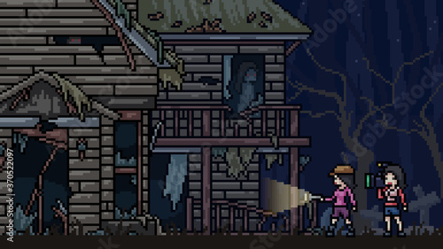 pixel art scene haunt house explorer