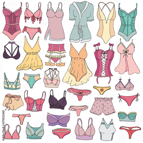 sexy underwear for woman - bra, underpants, set, peignoir, colors vector set of elements in doodle style with black outline