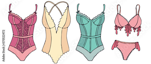sexy underwear for women - negligee, peignoir, colors vector set of elements in doodle style with black outline