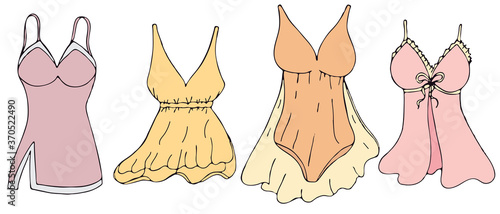 sexy underwear for woman - negligee, peignoir, corset, colors vector set of elements in doodle style with black outline