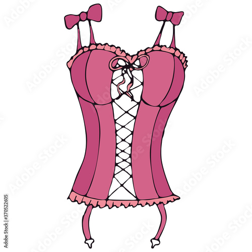 set of female sexy underwear - negligee, peignoir, pink vector elements in doodle style with black outline