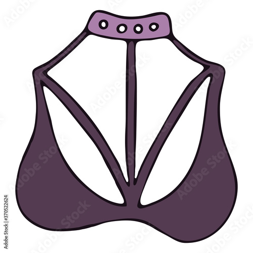set of female sexy underwear - bra, top with straps and straps, Violet vector elements in doodle style with black outline