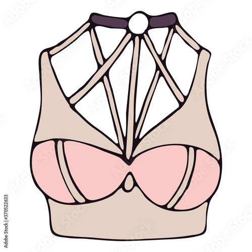 set of female sexy underwear - bra, top with straps and straps, vector elements in doodle style with black outline