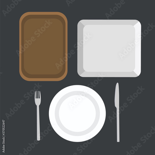 A set of plates, trays, and Cutlery. Vector fork, knife, white plate round flat, white square plate. wooden tray on a blue background